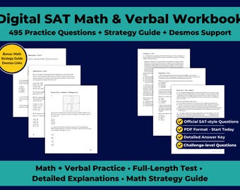 Digital SAT matematik- och verbalarbetsbok – 495 övningsfrågor, svarsnycklar, Desmos-länkar, PDF-nedladdning