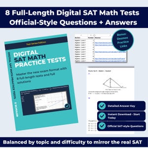 Op de afbeelding: Een turquoise en wit boek getiteld "DIGITAL SAT MATH PRACTICE TESTS" met de tekst "8 volledige digitale SAT-wiskundetests, vragen in officiële stijl + antwoorden". Bevat oefenlinks, gedetailleerde antwoordsleutels en officiële SAT-vragen.