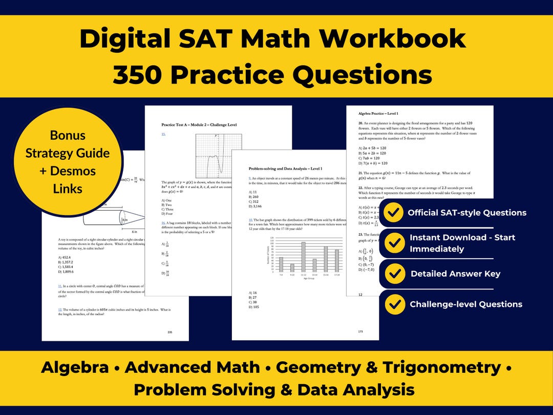 Digital SAT Math Practice: 350 Realistic Questions by Topic (printable ...