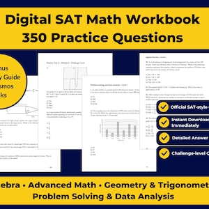 Puede incluir: Un cuaderno de trabajo de matemáticas SAT digital con 350 preguntas de práctica. La portada presenta el título en texto blanco sobre un fondo amarillo. Incluye una guía de estrategia adicional, enlaces de Desmos y una clave de respuestas detallada.