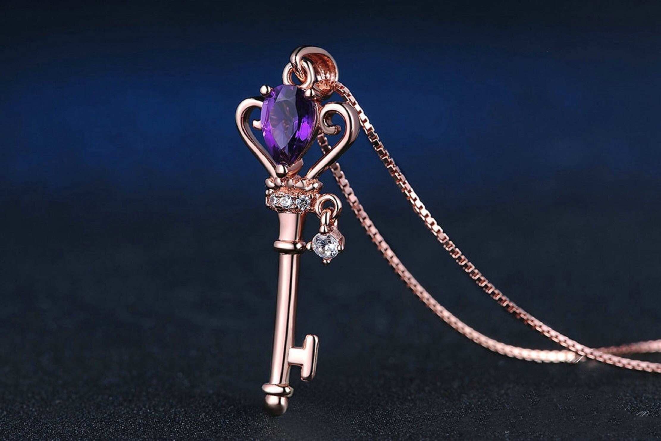 925 Sterling Silver Crown Key Pendant With Rose Gold Plated Etsy