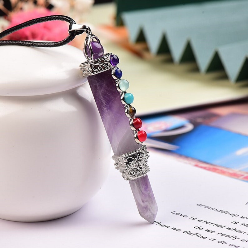 Dowsing 7 Chakra Pencil Pendulum Pendant For Meditation Spiritual Gift By MarkaJewelry Amethyst Crystal Point Pendulum Pendant