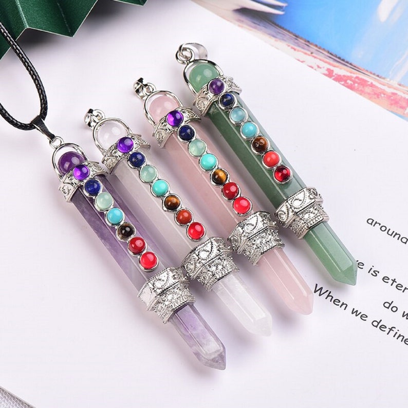 Dowsing 7 Chakra Pencil Pendulum Pendant For Meditation Spiritual Gift By MarkaJewelry Amethyst Crystal Point Pendulum Pendant