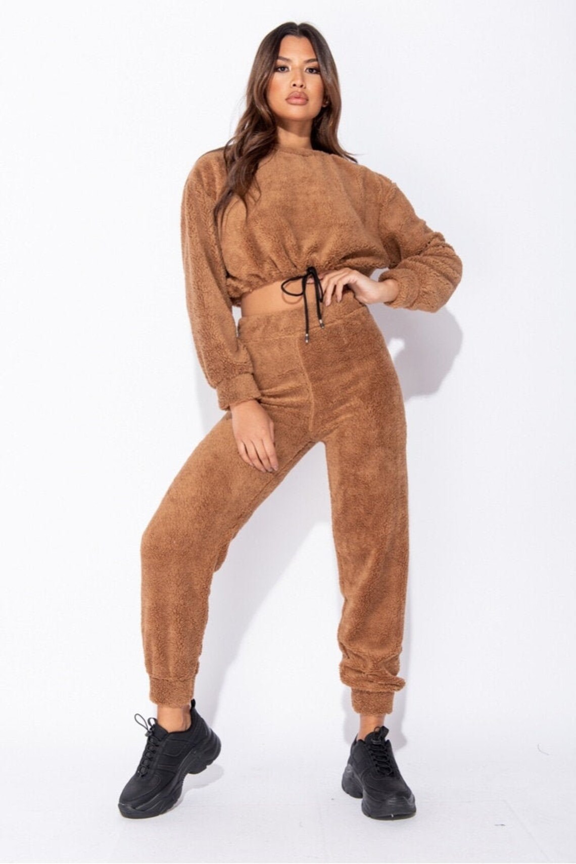 Women's Brown Teddy Borg Cropped Top & Jogger Lounge Set | Etsy