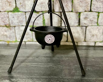 Witch Cast Iron Cauldron Set Hand painted Hecate Wheel Strophalos