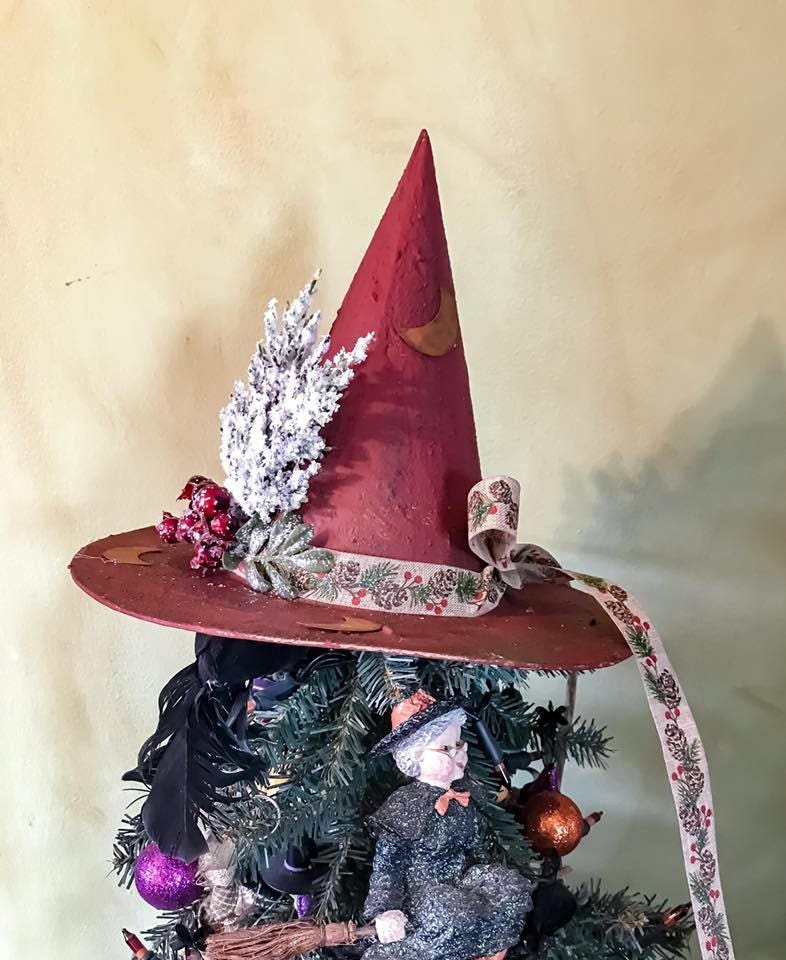 Primitive witch hat tree topper, primitive christmas tree topper, yule