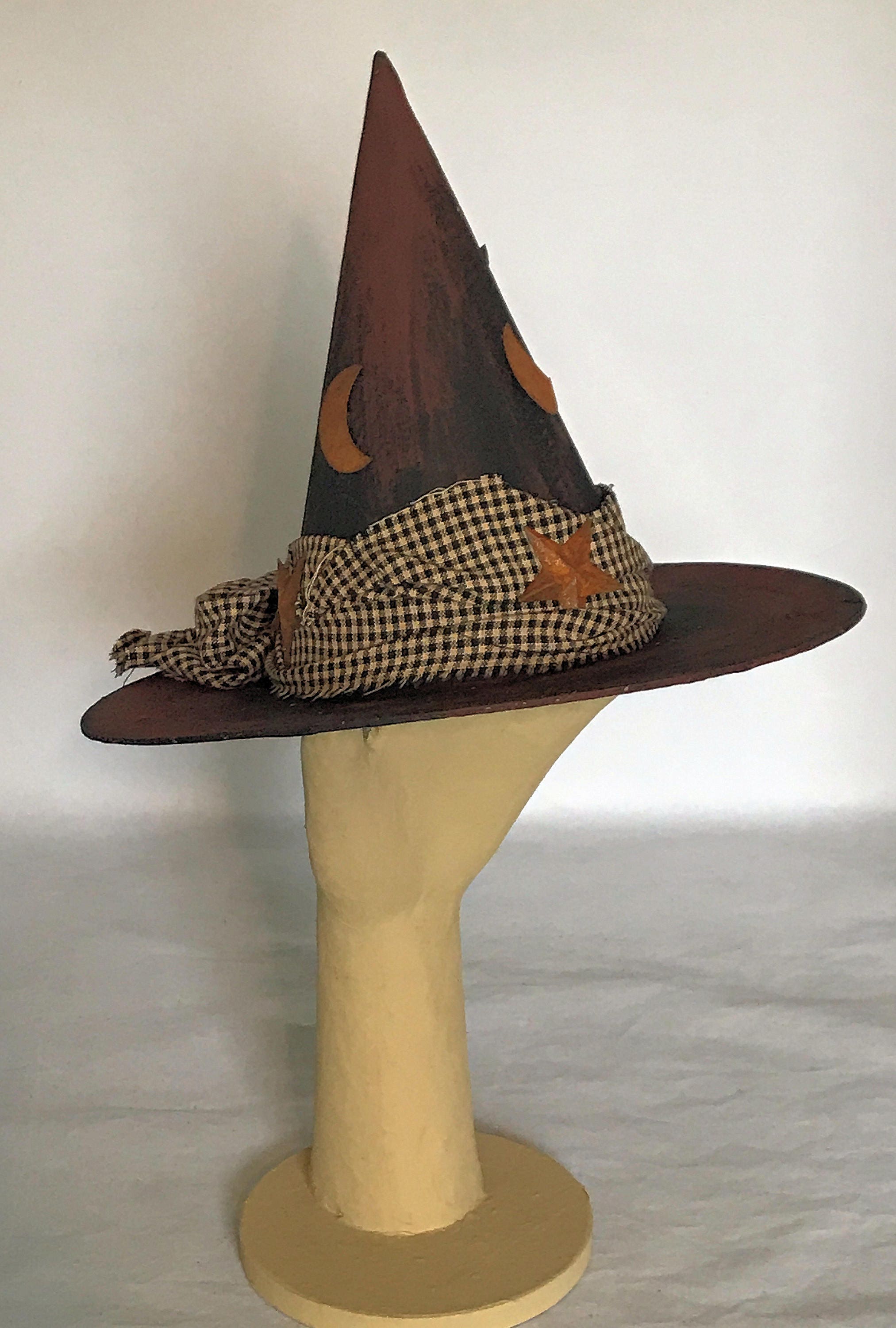 Tree Topper Witch Hat,Primitive Witch Hat,Moon and Stars Plaid Hat