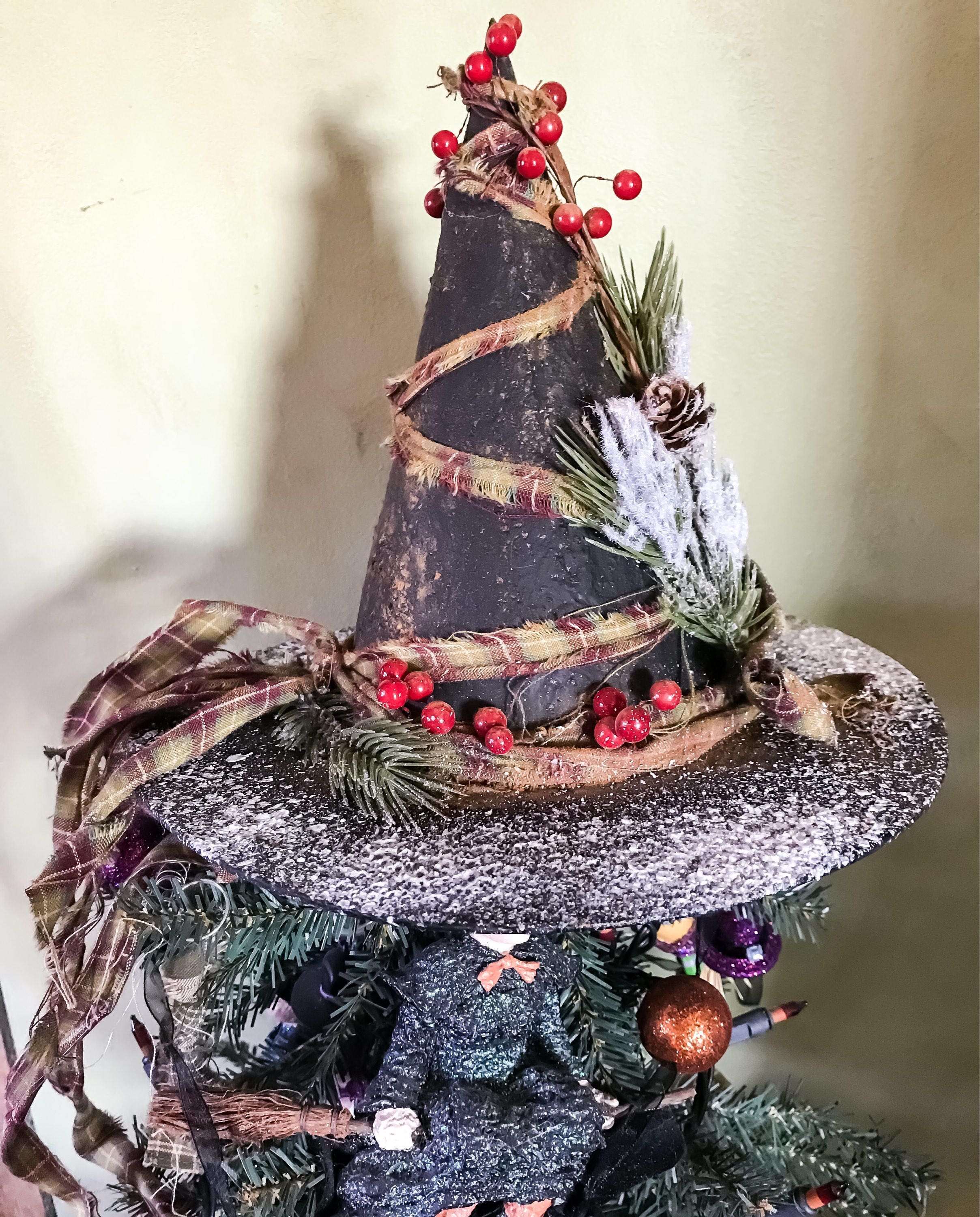 Primitive witch hat tree topper, primitive christmas tree topper, yule