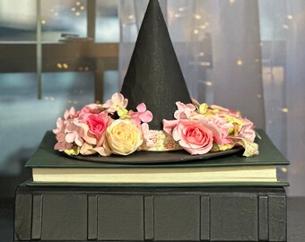 Pretty In Pink Basic Black Floral Spring Witch Hat Tree Topper