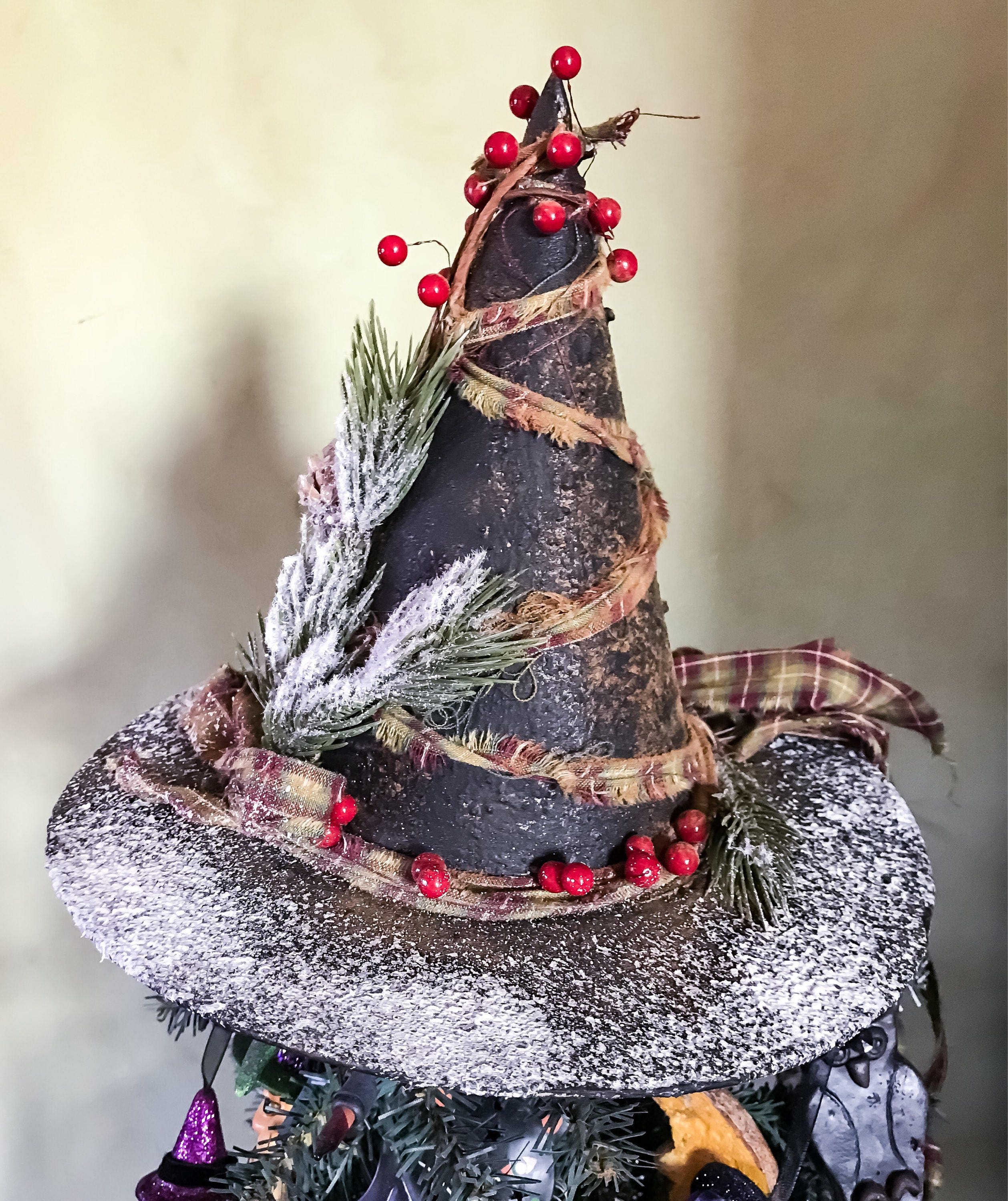 Primitive witch hat tree topper, primitive christmas tree topper, yule.