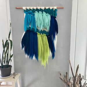 Boho Woven Tapestry Wall Hanging Organic Fiber Art in Blues and Greens Wool Yarn Weaving Soft Sculpture Macrame Wall Decor Textile Art