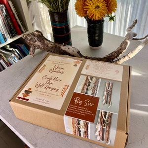 May include: A brown cardboard box with a colorful image of a woven wall hanging kit. The box is labeled "Woven Wonders: Create Your Own Wall Hanging" and "Big Sur".