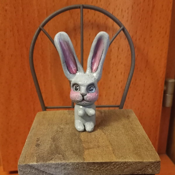 Rabbit Peg Doll, OOAK, One-Of-A-Kind, Unique, Handmade, Art Doll, Wood Doll, Cute, Miniature, Desk Decor, Bunny Doll, Gray Rabbit, Sculpted