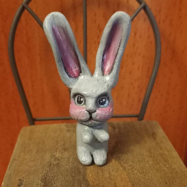 Rabbit Peg Doll, OOAK, One-Of-A-Kind, Unique, Handmade, Art Doll, Wood Doll, Cute, Miniature, Desk Decor, Bunny Doll, Gray Rabbit, Sculpted