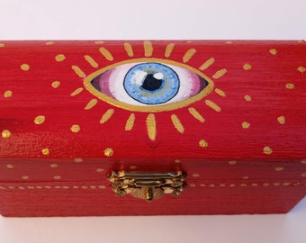 Evil Eye Talisman Wooden Box, Jewelry Box, Red and Gold Box, Eye Art, Unique, One of A Kind, Trippy, Gift, Room Decor, Wood, Small Art Box