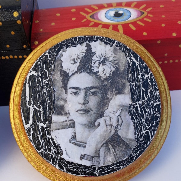 Frida Kahlo Round Wooden Plaque, Mixed Media Art, Wall Hanging, Experimental Art, One of A Kind, Cubicle Decor, Office Decoration, Trippy