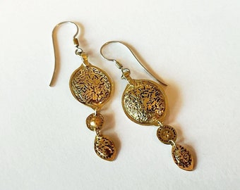 Long Golden dangle earrings,Statement earrings,Modern Ethnic earrings, Brass & Sterling silver.Nature jewelry.