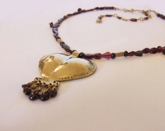 Gold Hart pendant necklace,Gold&Red Garnet necklace,January birthstone,Valentine's Day present,Boho necklace,ethnic jewelry,Beaded necklace.