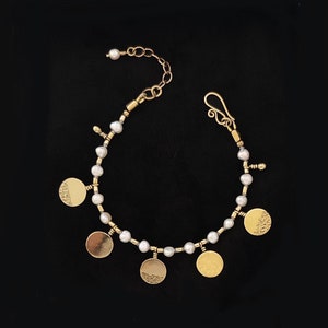 Pearl and gold bracelet,Delicate fresh water pearl bracelet,June birthstone,Two sided bracelet,Dangling pendants bracelet,Ethnic brass jewel