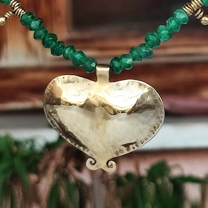 GOLD and GREEN Statement necklace, Gold heart, love statement, Valentine's day present, Ethnic jewelry, Brass pendent, Green beads necklace. image 1