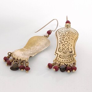 Long gold & red earrings,Ethnic jewelry,Elaborate pattern,Statement earrings,Bohemian jewelry,Brass sterling silver,gemstones,Etched earring image 4