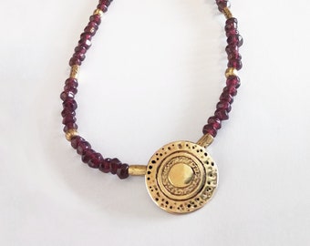 Gold&Red Garnet necklace,round pendent,January birthstone,Delicate ethnic jewelry,jerusalem,Burgundy Beaded necklace,Valentine's Day present