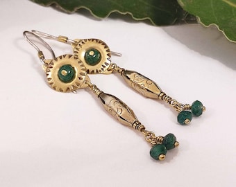 Gold & green dangling earrings, Ethnic dangle earrings, Bohemian gold earring, Artisan dangle earrings, Textured earring, Aventurine jewelry