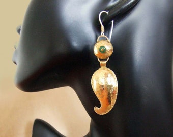 Gold leaf dangle earrings, Gold &Green dangle earrings, Organic earrings, Nature gold earring, Ethnic dangle earring, Bohemian gold earrings