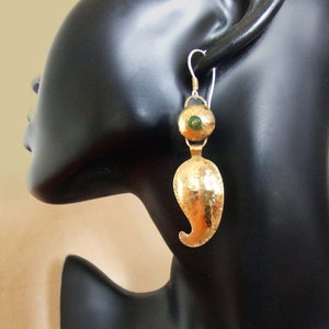 Gold leaf dangle earrings, Gold &Green dangle earrings, Organic earrings, Nature gold earring, Ethnic dangle earring, Bohemian gold earrings image 1