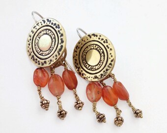 Gold and orange earrings,orange Carnelian gemstones.Dangle drop earrings,Brass and silver 925 ear wires.Bohemian jewelry,Artisan jewelry.