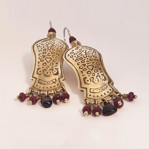 Long gold & red earrings,Ethnic jewelry,Elaborate pattern,Statement earrings,Bohemian jewelry,Brass sterling silver,gemstones,Etched earring image 1