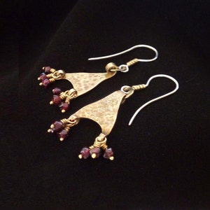 Gold & red earrings, Drop dangle earrings,Ethnic jewelry,Garnet earring,Brass and sterling silver,January Birthstone.