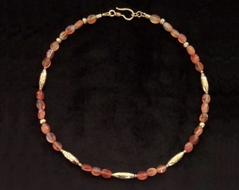 Carnelian necklace,  Ethnic necklace, Brass & Gemstone necklace, Birthstone necklace gold, Beaded Gemstone choker, Bohemian necklace. Orange