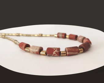 Brown Jasper necklace, Brown gold necklace, Brass & Jasper, long beaded gemstone necklace, Jasper necklace for women, Chic statement jewelry