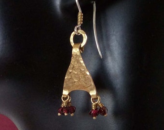 Gold & red earrings, Drop dangle earrings,Ethnic jewelry,Garnet earring,Brass and sterling silver,January Birthstone.