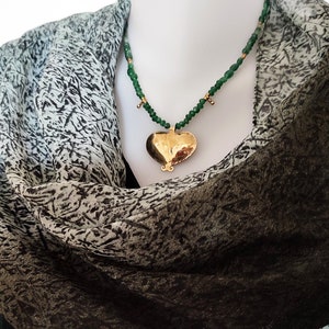 GOLD and GREEN Statement necklace, Gold heart, love statement, Valentine's day present, Ethnic jewelry, Brass pendent, Green beads necklace. image 5