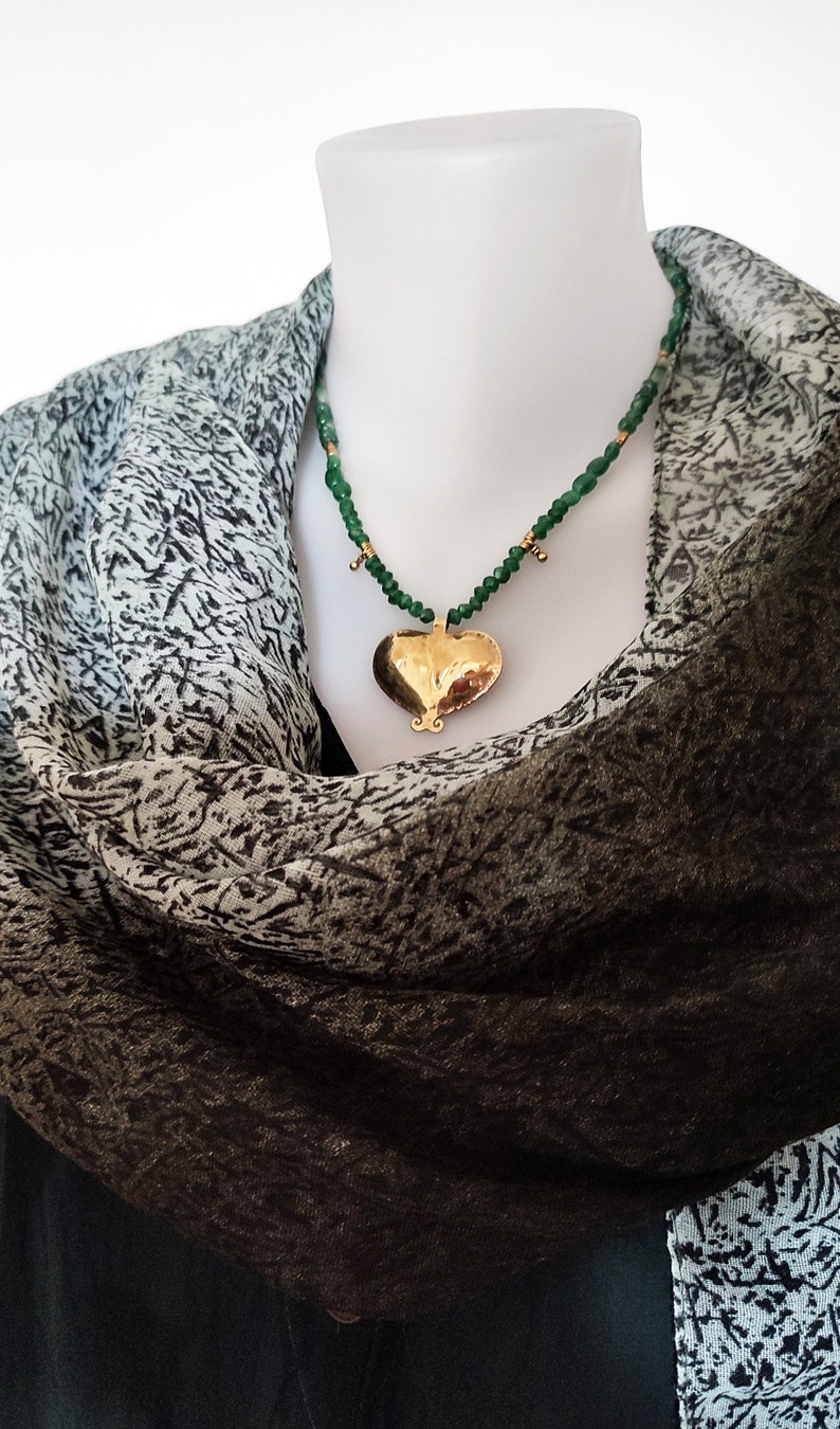 GOLD and GREEN Statement necklace, Gold heart, love statement, Valentine's day present, Ethnic jewelry, Brass pendent, Green beads necklace. image 5