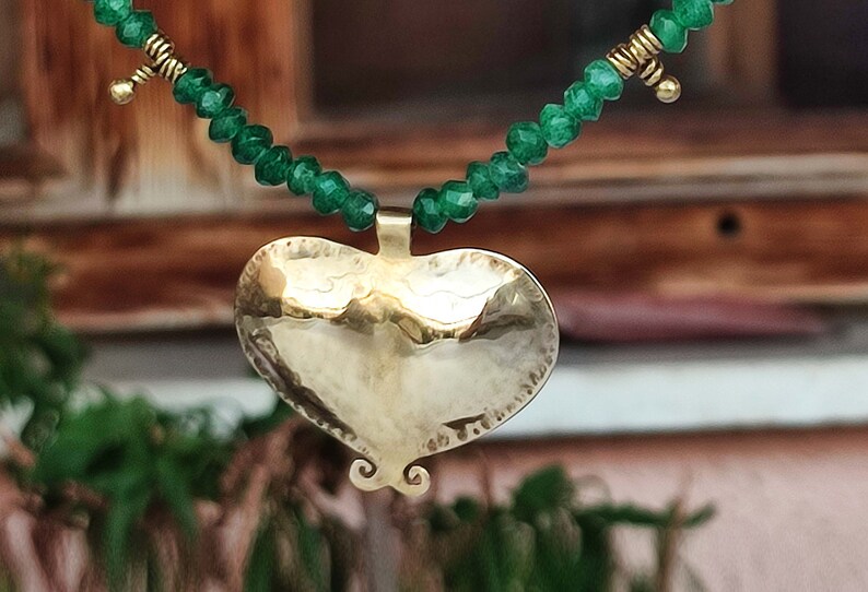 GOLD and GREEN Statement necklace, Gold heart, love statement, Valentine's day present, Ethnic jewelry, Brass pendent, Green beads necklace. image 1