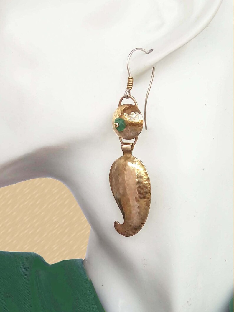 Gold leaf dangle earrings, Gold &Green dangle earrings, Organic earrings, Nature gold earring, Ethnic dangle earring, Bohemian gold earrings image 5