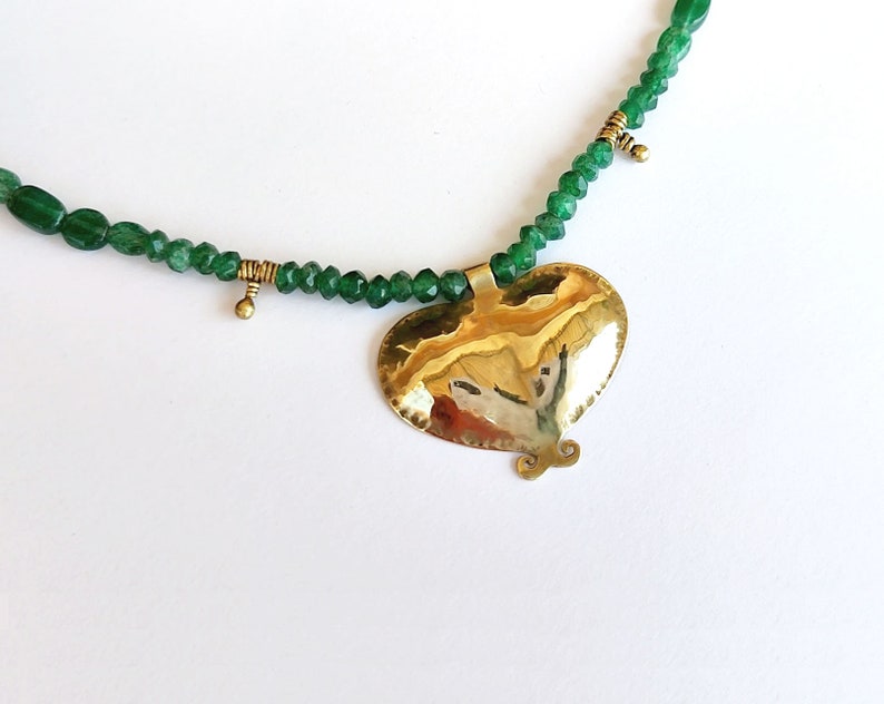 GOLD and GREEN Statement necklace, Gold heart, love statement, Valentine's day present, Ethnic jewelry, Brass pendent, Green beads necklace. image 4