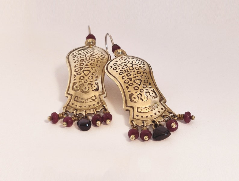 Long gold & red earrings,Ethnic jewelry,Elaborate pattern,Statement earrings,Bohemian jewelry,Brass sterling silver,gemstones,Etched earring image 1