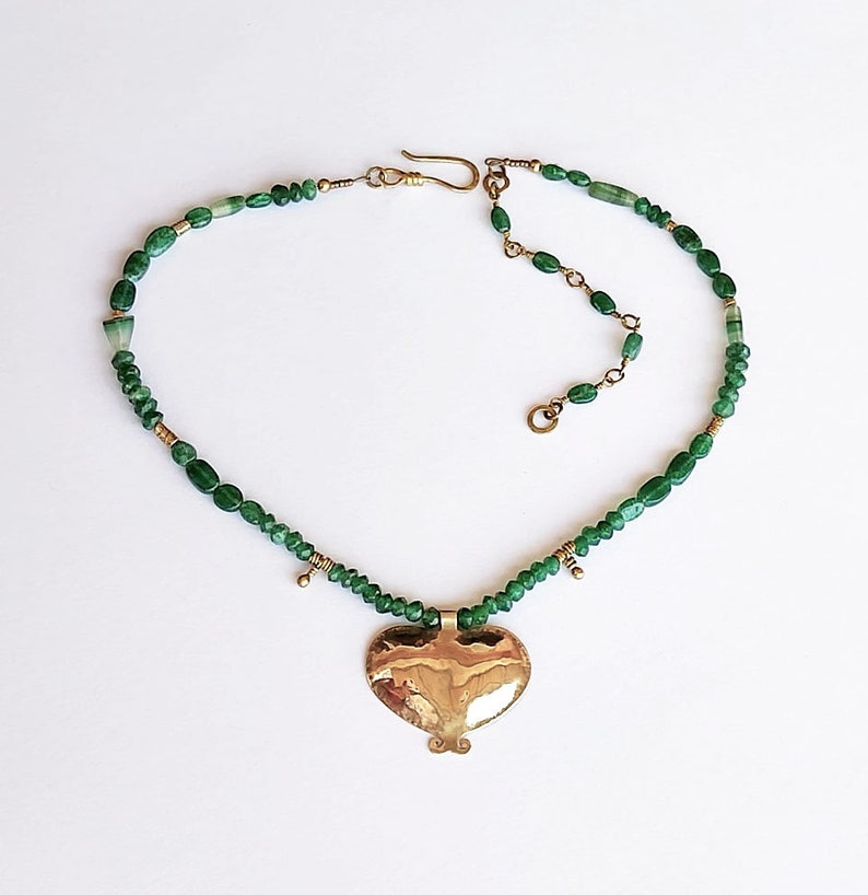 GOLD and GREEN Statement necklace, Gold heart, love statement, Valentine's day present, Ethnic jewelry, Brass pendent, Green beads necklace. image 6