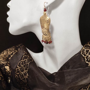 Long gold & red earrings,Ethnic jewelry,Elaborate pattern,Statement earrings,Bohemian jewelry,Brass sterling silver,gemstones,Etched earring image 3