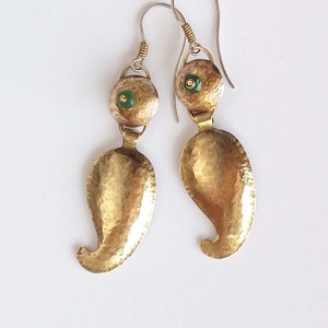 Gold leaf dangle earrings, Gold &Green dangle earrings, Organic earrings, Nature gold earring, Ethnic dangle earring, Bohemian gold earrings image 2