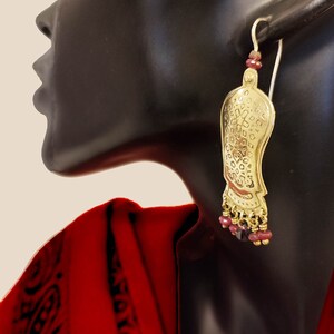 Long gold & red earrings,Ethnic jewelry,Elaborate pattern,Statement earrings,Bohemian jewelry,Brass sterling silver,gemstones,Etched earring image 8