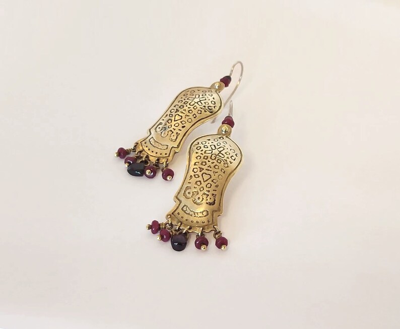 Long gold & red earrings,Ethnic jewelry,Elaborate pattern,Statement earrings,Bohemian jewelry,Brass sterling silver,gemstones,Etched earring image 9