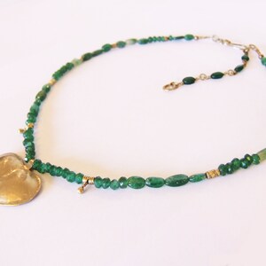 GOLD and GREEN Statement necklace, Gold heart, love statement, Valentine's day present, Ethnic jewelry, Brass pendent, Green beads necklace. image 3