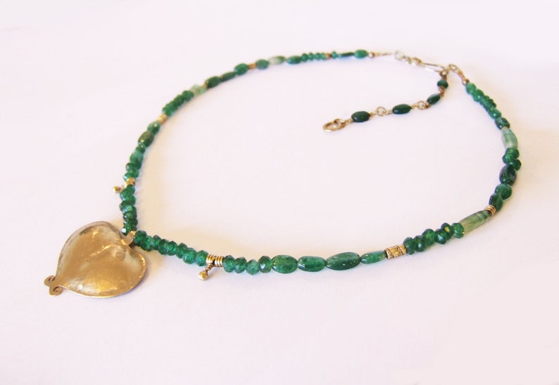 GOLD and GREEN Statement necklace, Gold heart, love statement, Valentine's day present, Ethnic jewelry, Brass pendent, Green beads necklace. image 3