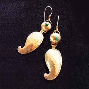 Gold leaf dangle earrings, Gold &Green dangle earrings, Organic earrings, Nature gold earring, Ethnic dangle earring, Bohemian gold earrings image 6