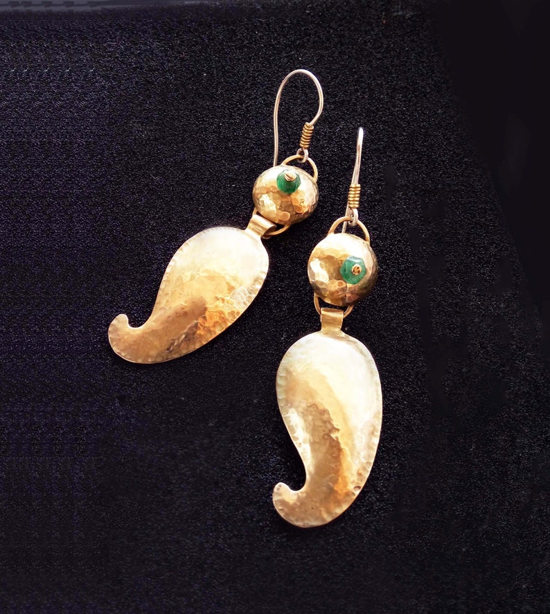 Gold leaf dangle earrings, Gold &Green dangle earrings, Organic earrings, Nature gold earring, Ethnic dangle earring, Bohemian gold earrings image 6
